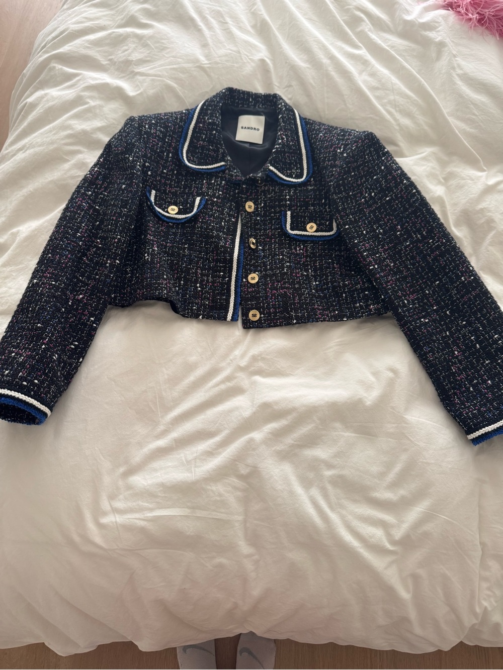 Sandro Navy Tweed Cropped Blazer with White & Blue Piping